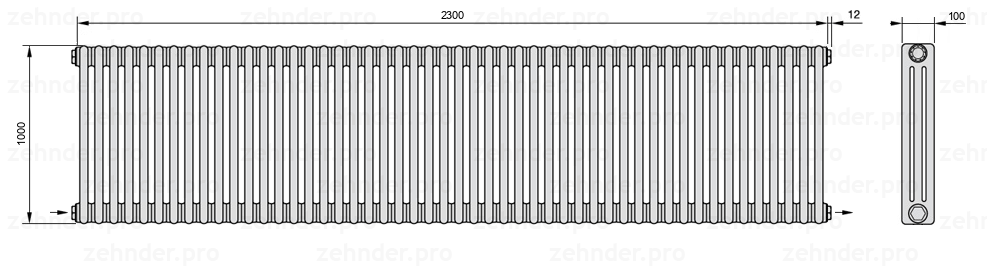 Схема (чертеж) Радиатор Zehnder Charleston 3100/50 №2670 Белый глянцевый RAL 9016